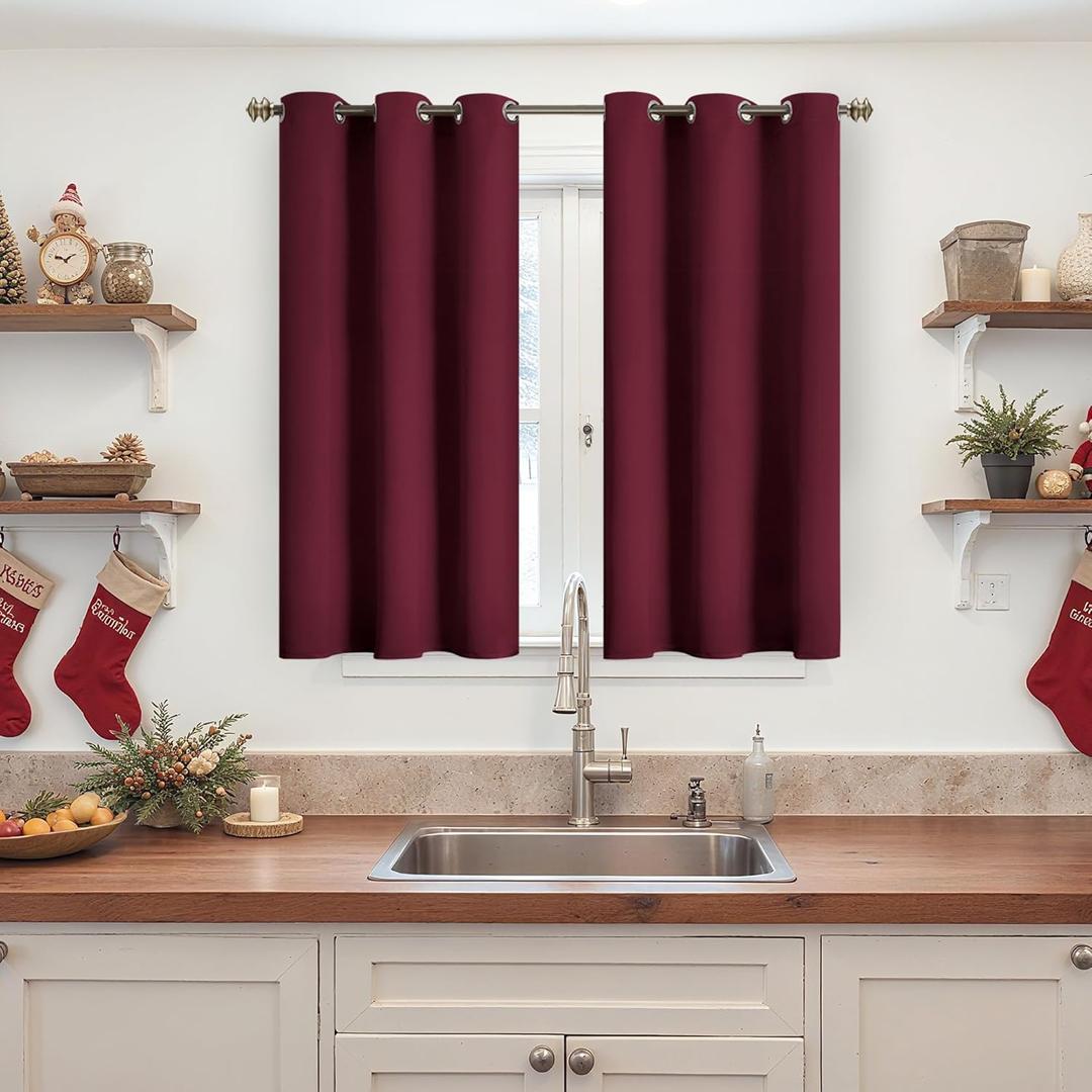 YoungsTex Burgundy Blackout Curtains 45 Inches Longfor Bedroom Kitchen Window - Wine Red Short Thermal Insulated Drapes with Grommet Room Darkening for Bathroom, 42 X 45 Inch, 2 Panels