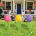 DoubleFill 3 Pcs Easter Decorations Outdoor 3D Metal Easter Eggs Tulip Yard Signs Decorative Garden Stakes Eggs Bunny Lawn Decorations Yard Decor for Spring Lawn Pathway Garden(Tulip Style)