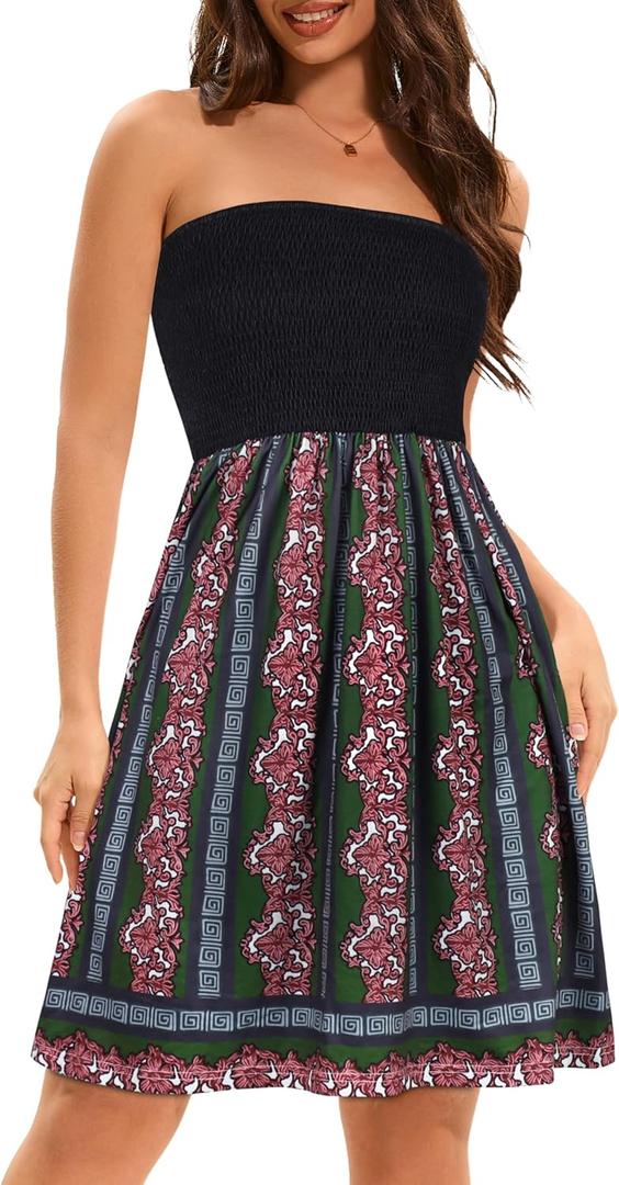 elescat Summer Dresses for Women Strapless Casual Beach Cover Ups Tube Top Sundress (X-Large, Black Green Boho)