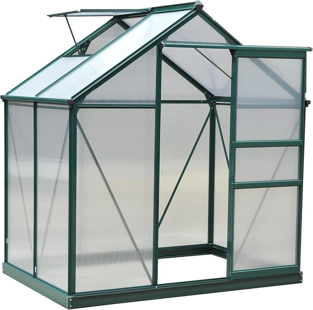 Outsunny 6' x 4' Greenhouse for Outdoors, Polycarbonate Greenhouse with Rain Gutter and Roof Vent, Aluminum Walk-in Green Houses for Outside for Patio Backyard Garden, Dark Green (74.75" x 52" x 79.25")