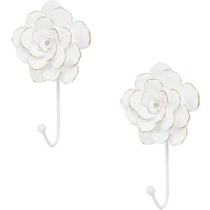 Guichifun Flower Coat Hooks Wall Decor - 2pcs Resin White Decorative Wall Hooks for Hanging Clothes Coats Towels Keys Bags Hats Bathroom Home Decoration Gift 4 x 1.5 x 7 Inch