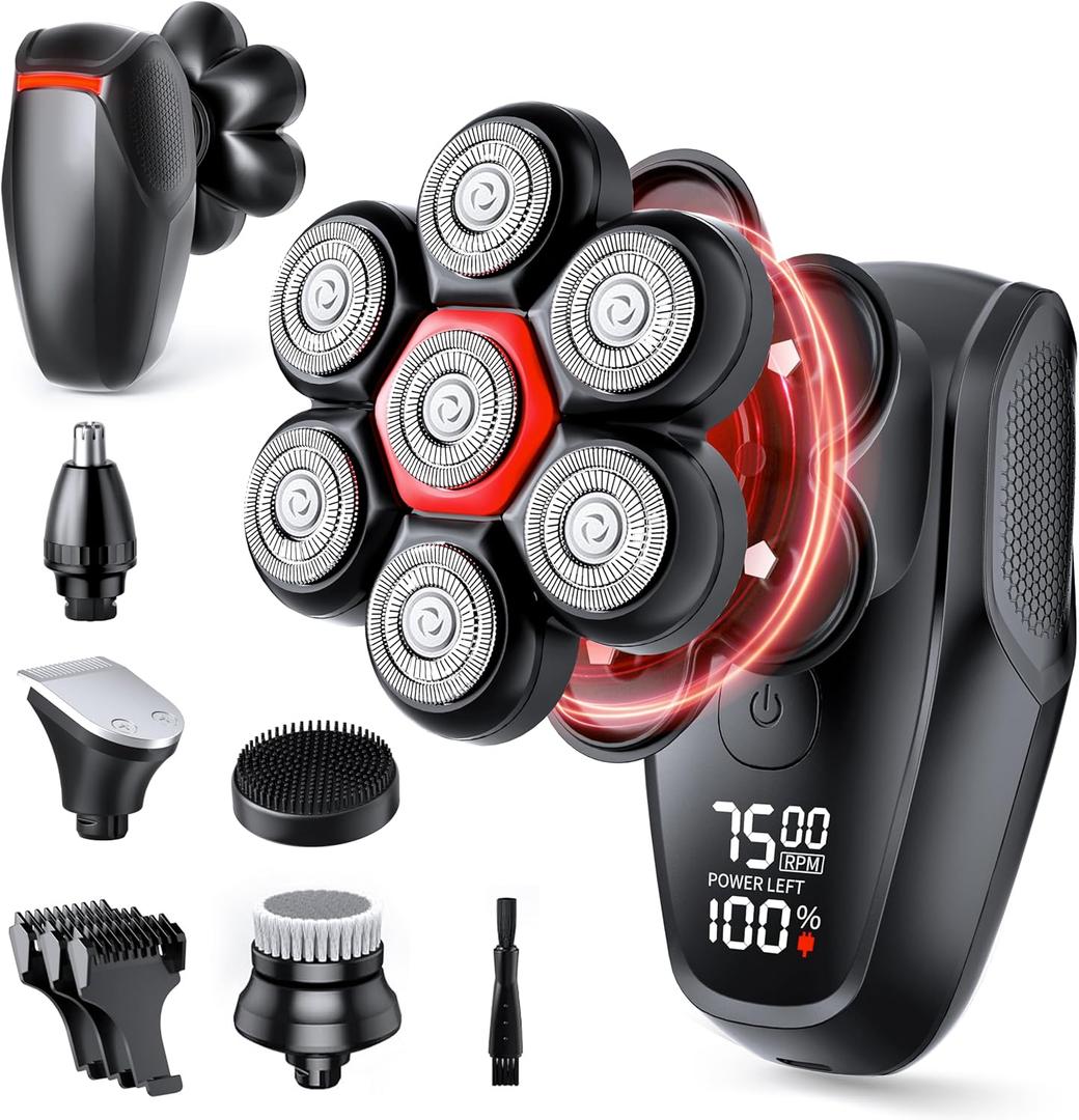 Head Shavers for Bald Men, Magnetic 7D Electric Razor IPX8 Waterproof for Bald Men, Wet/Dry LED Display Rechargeable Rotary Shaver 5 in 1 Grooming Kit with USB-C Charge