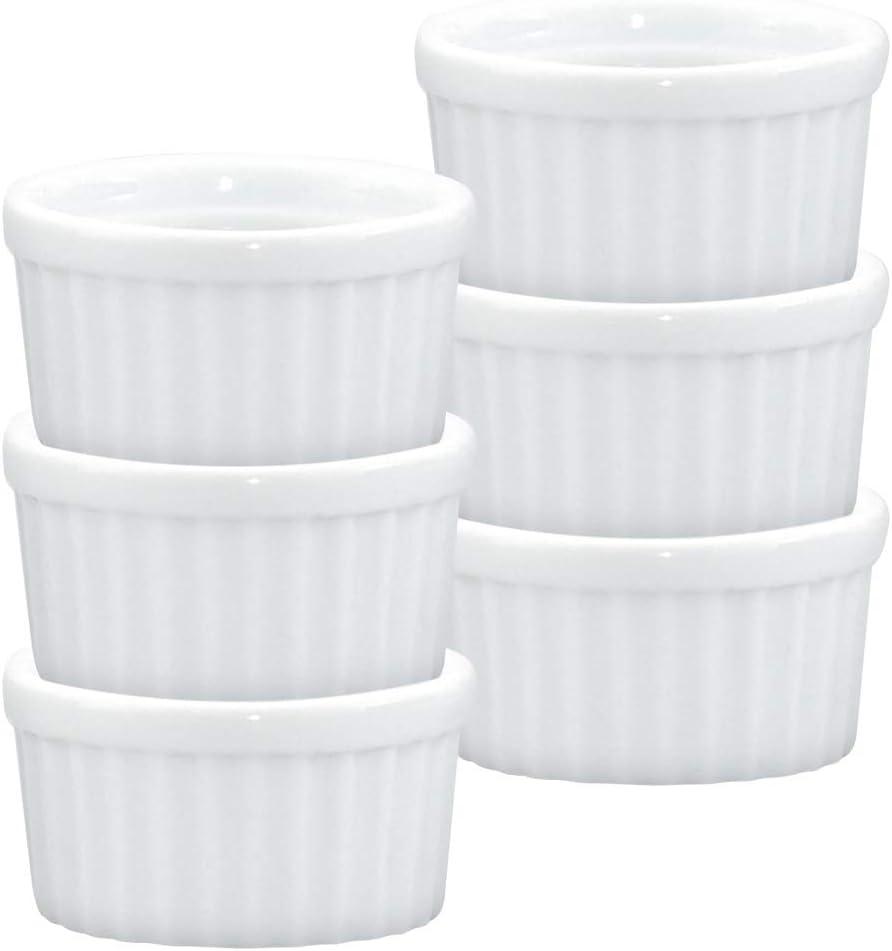 HIC Kitchen Ramekin, Fine Porcelain, For Serving Condiments, Dips, Sauces, And Small Desserts, 2-Ounce Capacity, Set of 6, White 