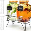1 Gallon Glass Drink Dispenser with Bamboo Lid, 2 Pack Beverage Dispenser with Stand, Drink Machine for Lemonade, Iced drinks, Kombucha Dispenser for Parties, Weddings (Double, with Stand)