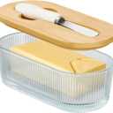 Butter Dish with Lid, Butter Container for Countertop, Butter Tray Butter Keeper with Bamboo Lid and Stainless Steel Knife, Glass Butter Dish Perfect for East/West Coast Butter (Vertical grain)