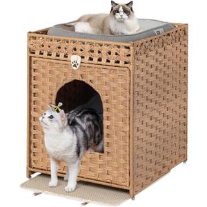 Snughome Cat Litter Box Enclosure Furniture Hidden with Litter Mat, Hidden Washroom Furniture with Door, Handwoven Rattan Cat Washroom Box, Indoor Pet House for Living Room, Bedroom (Natural)