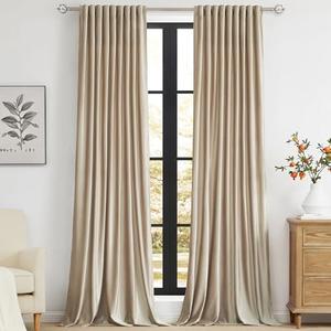 PRIMROSE Champagne Velvet Curtains 120 inch Long for Living Room, Set of 2 Panels Blackout Rod Pocket Back Tab Window Treatment Room Darkening Heavy Decorative Curtains Drapes for Bedroom