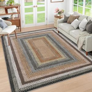 RUGSREAL 5x7 Bedroom Braided Area Rug Machine Washable Living Room Area Rug Modern Braid Printed Throw Carpet for Dining Room Non Slip Large Entryway Mat Farmhouse Rug for Home Decor, Sand/Bronze