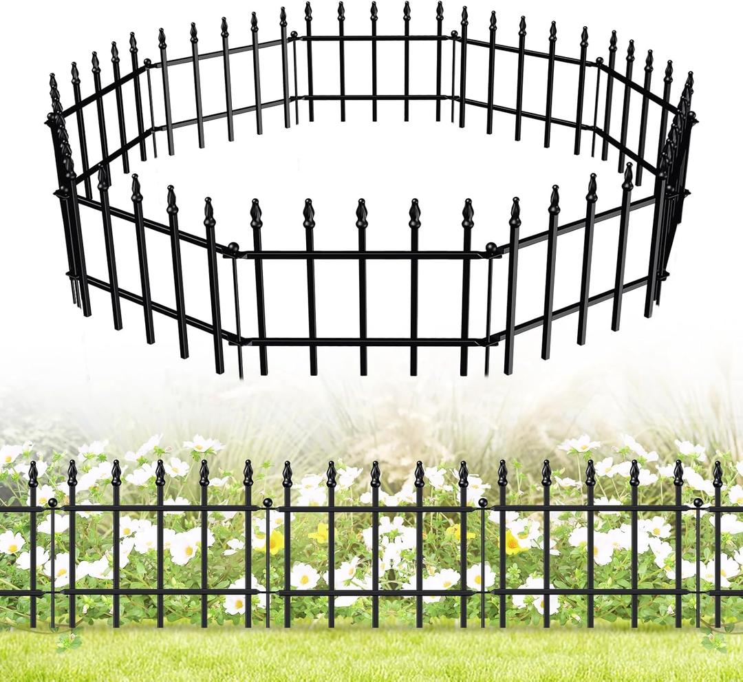 Decorative Metal Garden Fence 11in H x 12ft L, Small Border Fence Roman Column Deco, Garden Fencing for Flower Bed Lawn Landscape Outdoor, 10 Panels + 11 Stakes Black