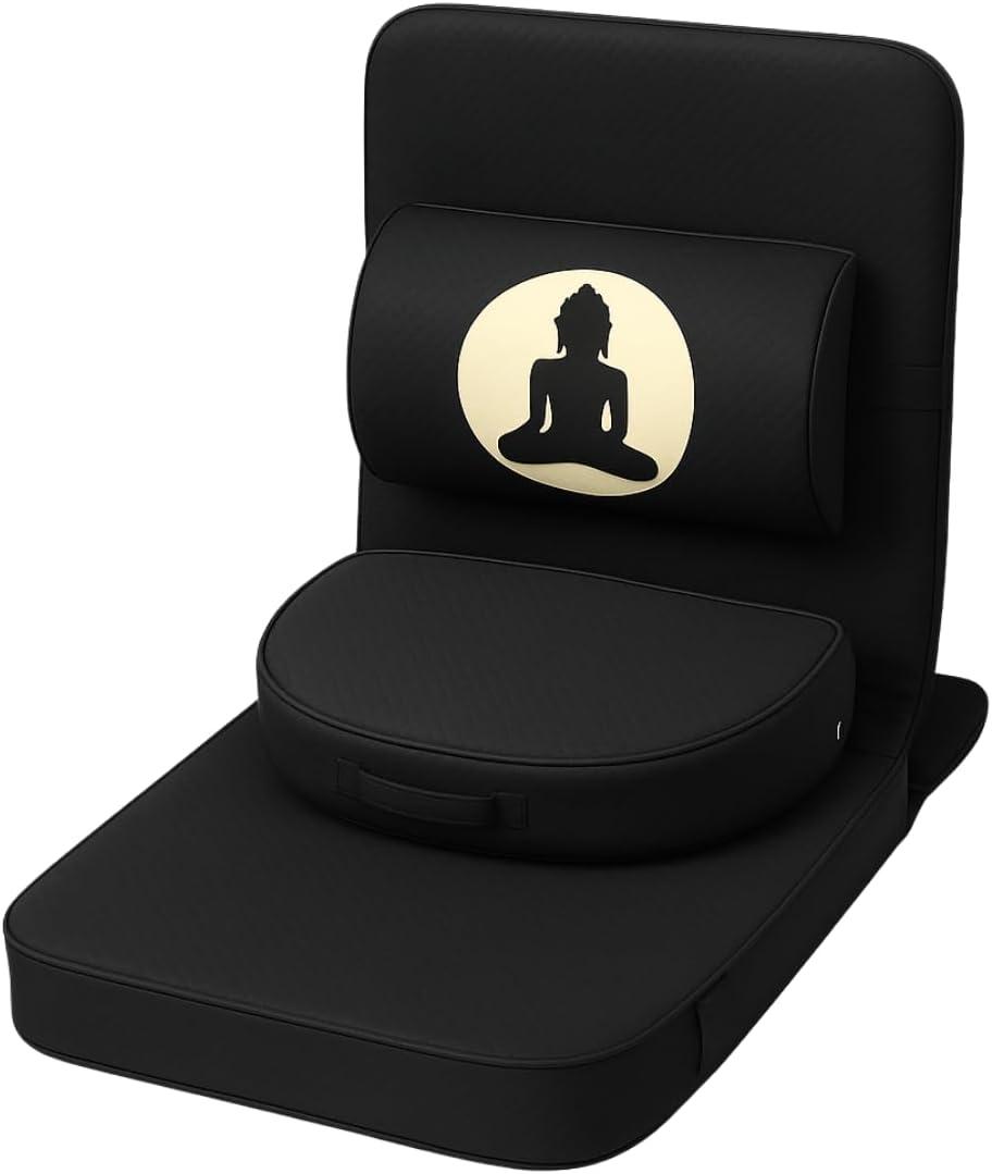 Friends Of Meditation 4-in-1 Folding Buddha Chair – Ergonomic Yoga Seat with Half-Moon Zafu, Detachable Lumbar Support & Carry Case – Black, 21 X 18 X 3 Inches