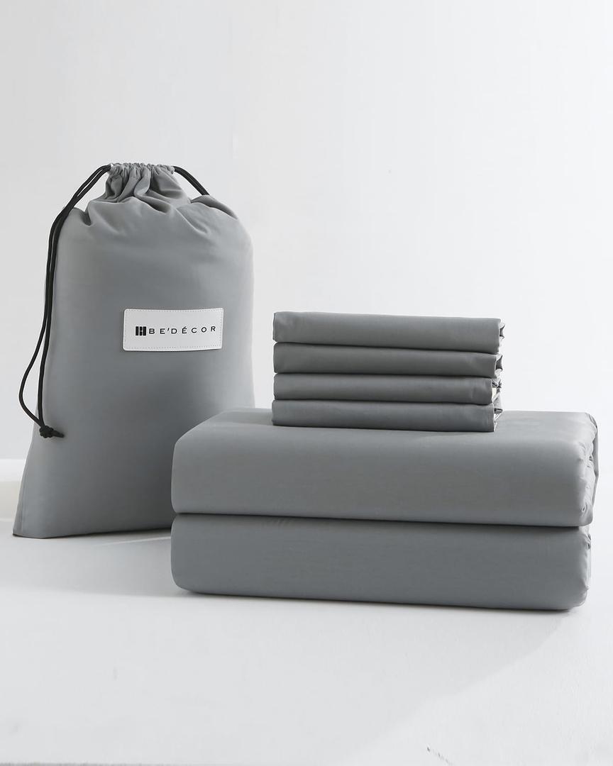 Bedecor Deep Pocket Queen 100% Cotton Sheet Set for Hot Sleepers - Fits up to 24 Inch Extra Deep Mattress - 6 Piece Breathable Bedding Set with Fitted Sheet, Flat Sheet & Pillowcases Gray