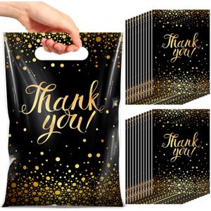 Pajean 100 Pcs Thank You Gift Bags Bulk Black and Gold Plastic Bags with Handles Black Goodie Treat Shopping Wrap for Birthday Party Favors Small Business Merchandise Graduation, 6.7" x 9.8"