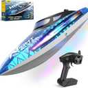 RC Remote Control Boat with 7LED Light Modes for Adults Kids 8-12 Pool Lakes, Waterproof 25KMH Electric Fast Boat with Self-righting,Demo, Low Battery/Over Distance/Signal Interference Alarm