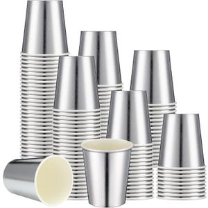 Amyhill 100 Pcs Disposable Silver Drinking Party Paper Cups 9 oz Iridescent Disco Lasering Cups for Hot Cold Drink Tea Coffee Cocktail for Home, Restaurant, Store and Cafe Party Supplies