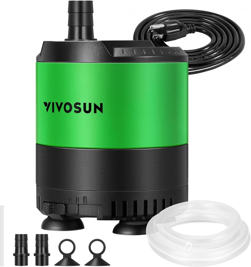 VIVOSUN 210 GPH 10W Submersible Water Pump, with Adjustable Water Flow, 4.9ft Tubing, Additional Ceramic Shaft, and Outlet Adapters, for Fish Tanks, Aquariums, Hydroponics, Fountains