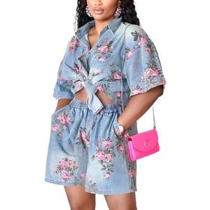 Mandonce Denim 2 Piece Set Flower Print Short Sleeve Distressed Denim Shirt Elastic Waist Shorts Sets Trendy Vacation Outfits, Size M