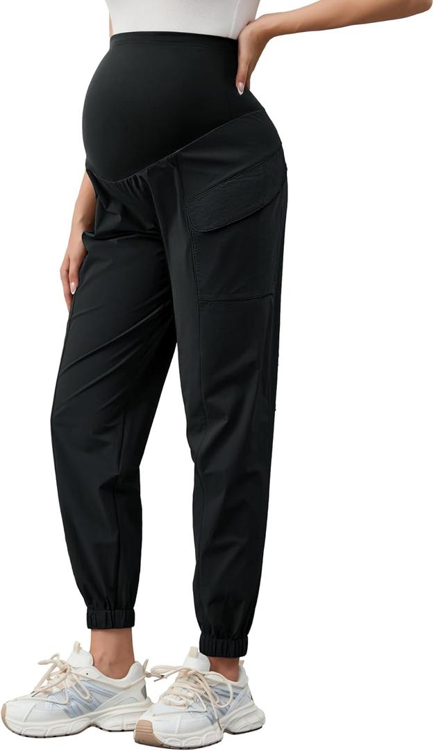 PACBREEZE Women's Maternity Cargo Joggers Quick-Dry Hiking Pants Active Outdoor Casual Pregnancy Sweatpants (X-Large, Black)