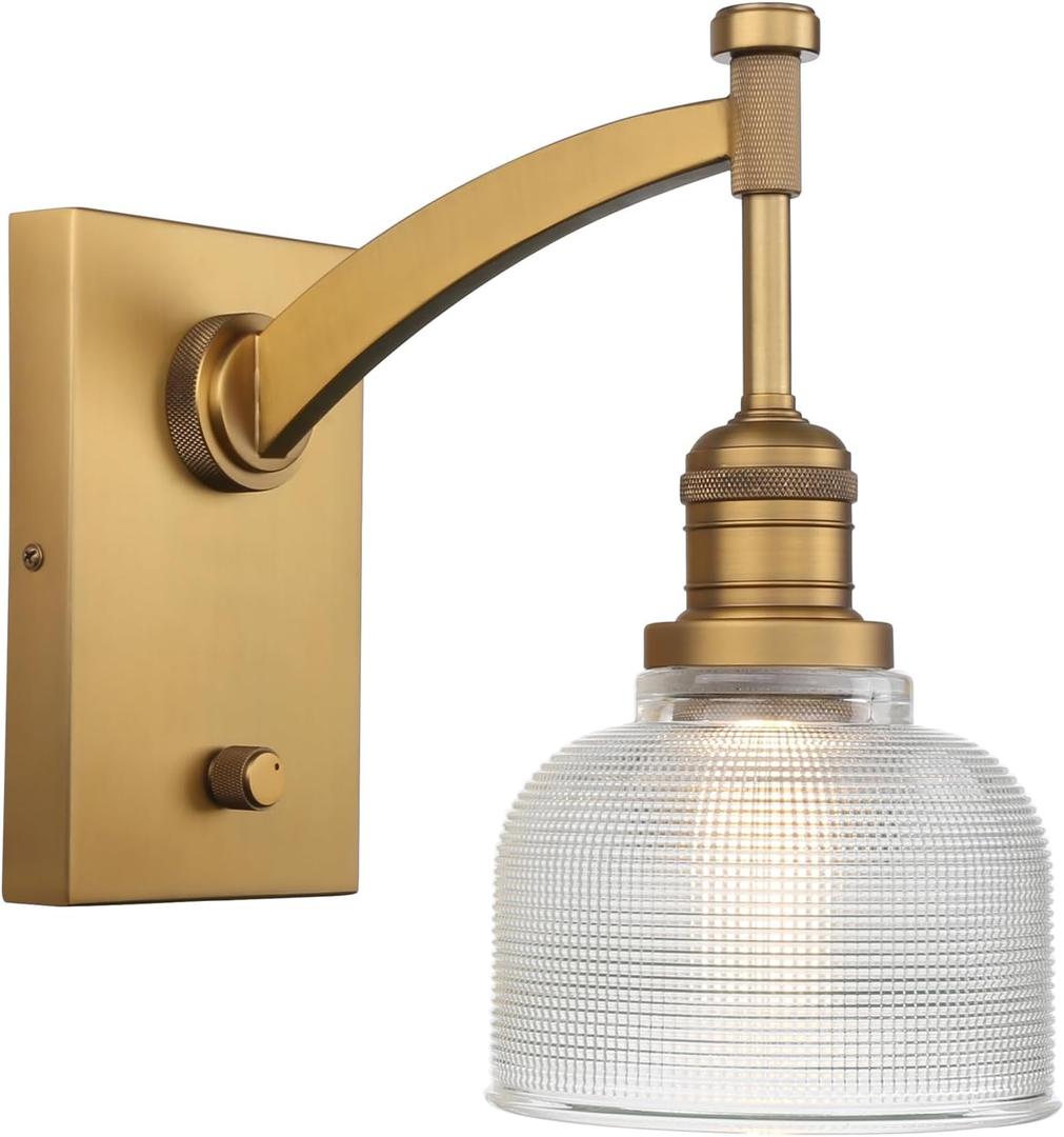 Yosoan Vintage Indoor Wall Sconce with On Off Switch, 1-Light Hardwired Vanity Industrial Boho Retro Modern Wall Mounted Bowl Texture Striped Glass Shade for Living Room Bedroom Bedroom(Antique)
