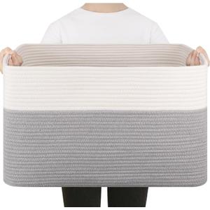 75L Large Blanket Basket, Toy Basket Bin for Kids, Cotton Rope Woven Storage Baskets for Living Room, Bedroom, Nursery, Baby Room Decorative Organizer, 22''17''12'', Grey and White