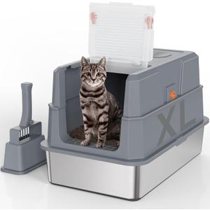 SZEE Stainless Steel Cat Litter Box with 180Flip-Top Lid, Easy Clean XL Enclosed Litter Box, Large Covered Steel Cat Box with Scoop, Odor Control and Anti-Urine Leakage, 23.2*15*15 Inch, Dark Gray