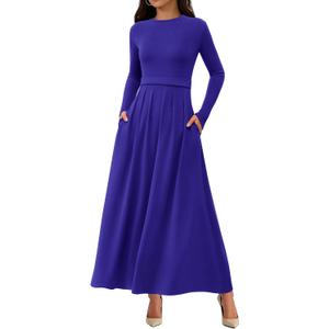 BTFBM Long Sleeve Dress for Women Spring Clothes 2026 Pockets Business Casual Pleated Fall Wedding Guest Dresses (Blue, XL)