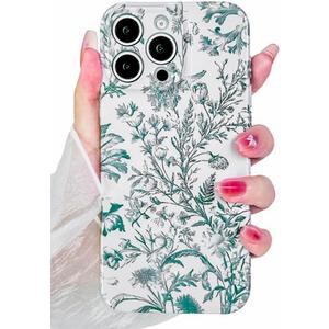 Compatible with iPhone 16 Pro MaxCase Vintage Green Floral Pattern, Cute Trendy Soft TPU Silicone Shockproof Full Camera Protection Cover Designed for Women Girls Boy Men Aesthetic (Green)