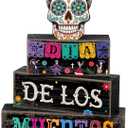 Lineshading 4 Pcs Day of The Dead Table Decorations Day of The Dead Centerpiece for Table Dia De Los Muertos Tiered Tray Decor Wood Sugar Skull Block Signs for Halloween Party Home Shelf Decoration