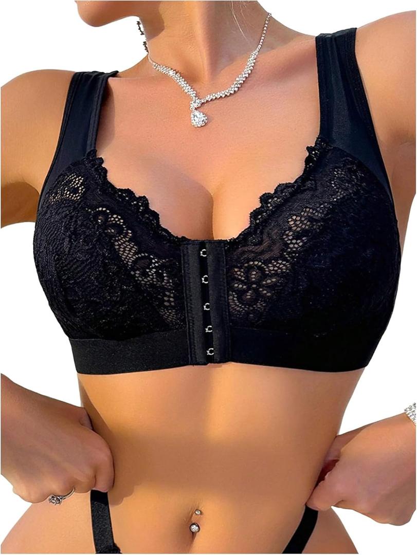 GORGLITTER Women's Push Up Front Closure Bras No Padding Lace Bralette Breathable Wireless Bras (Medium, Black) GORGLITTER Women's Push Up Front Closure Bras No Padding Lace Bralette Breathable Wireless Bras (Medium, Black)