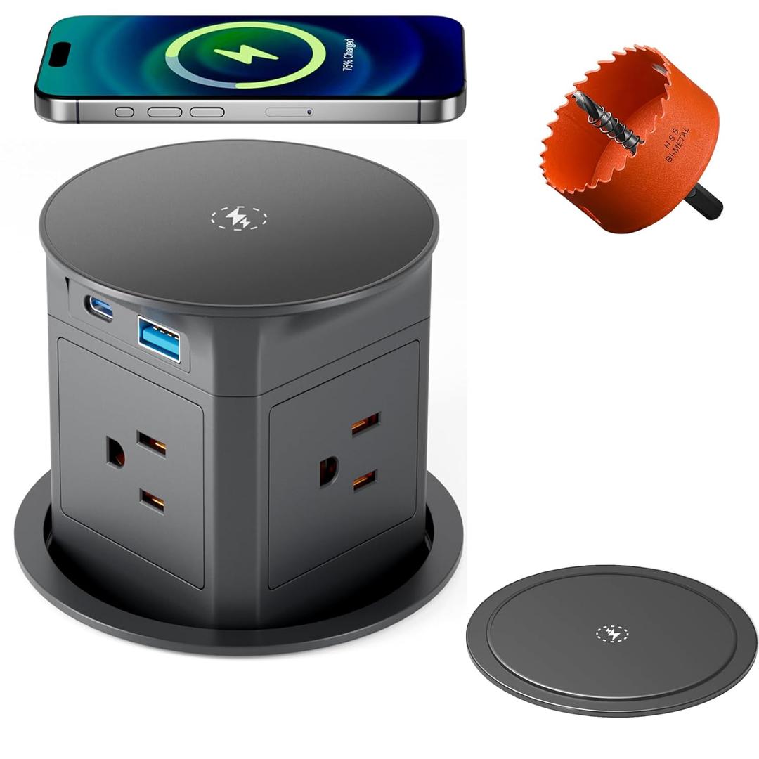 Pop Up Countertop Outlet with 15W Wireless Charger,Pop up Outlet,Max 20W USB Power Delivery,3.94" Space Saver Recessed Outlet,Pop Up Electrical Outlet with 4 Outlets, 2 USB Ports for Home OfficeGrey