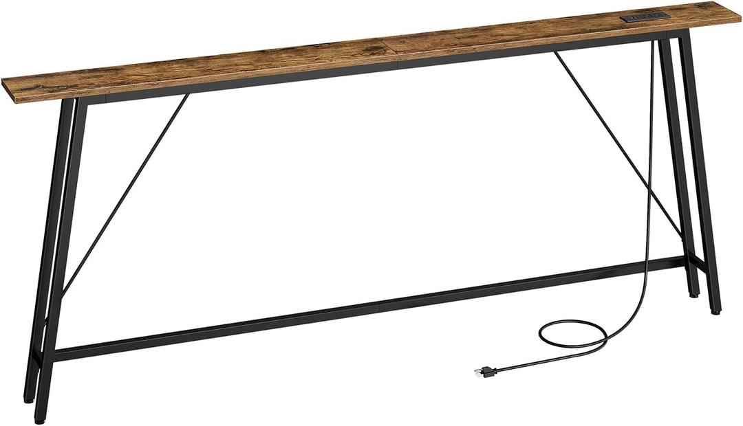 70.9" Console Table with Power Outlets, Sofa Tables Narrow Long, Industrial Behind Couch Table, for Hallway, Entryway, Living Room, Rustic Brown and Black CT185UBR (70.9"L x 5.9"W x 32.3"H, Rustic Brown + Black)