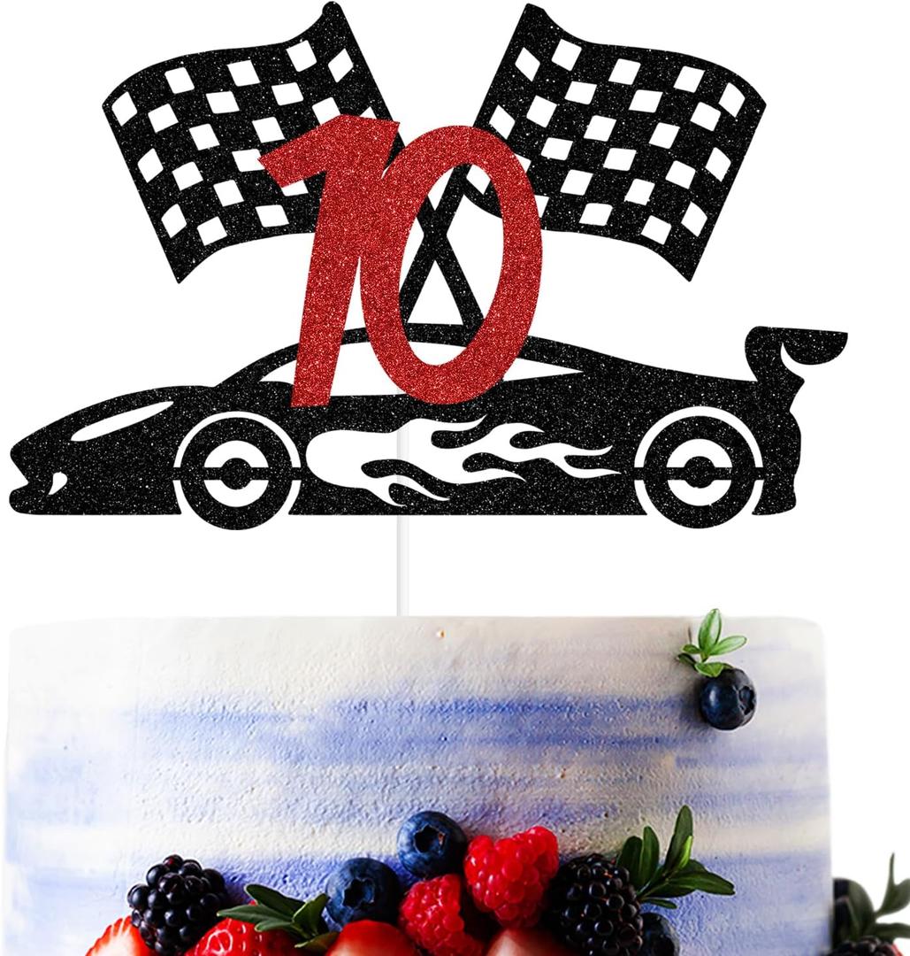 Black Glitter Race Car 10 Cake Topper, Happy 10th Birthday/Cheer to 10 Years, Race Car Themed 10th Birthday Party Decorations