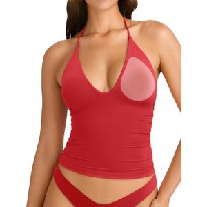 SUUKSESS Women Double Lined Halter Tank Top Summer Padded Going Out Tops Sleeveless Basic Shirts (Red, L)