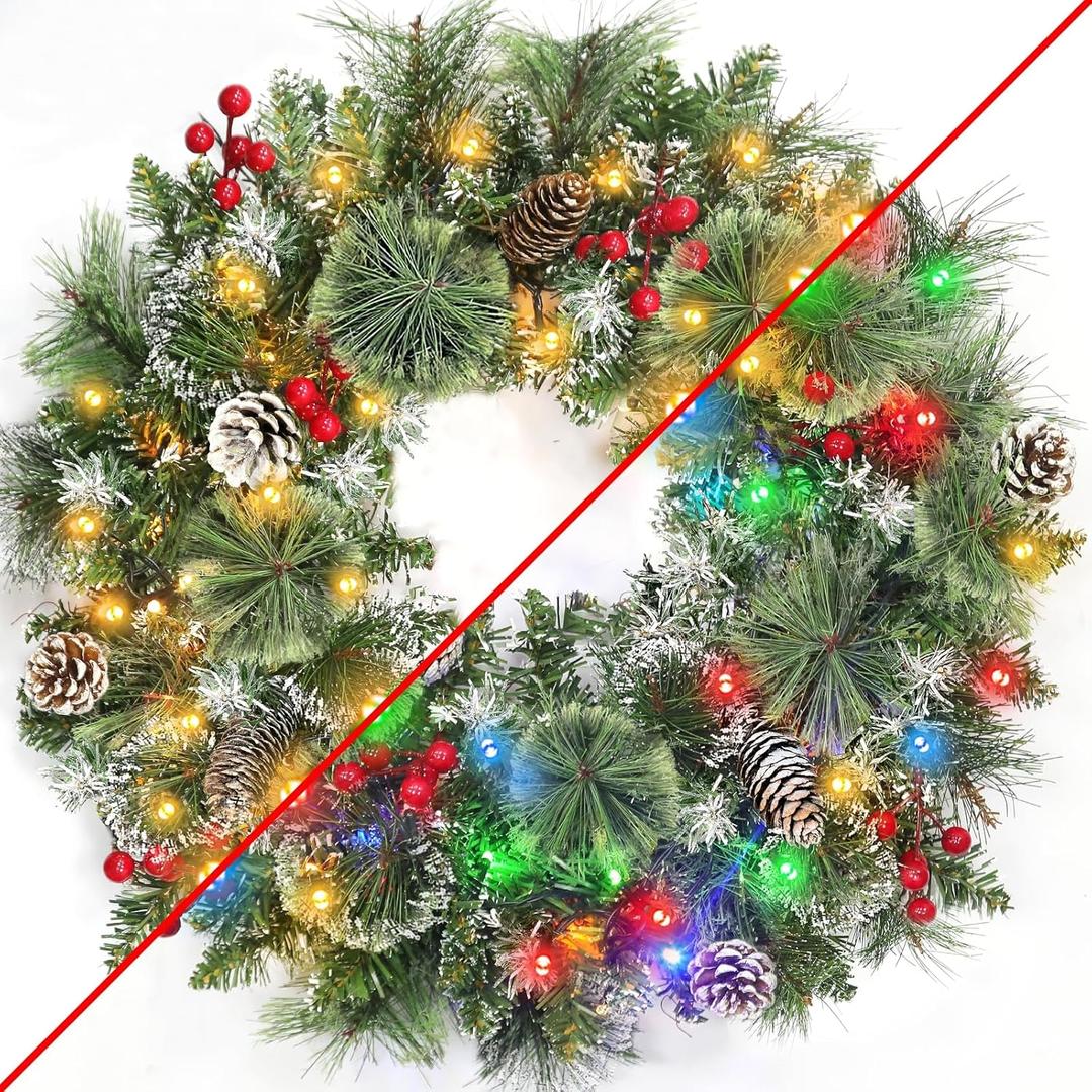 Christmas Wreaths for Front Door, 20 Inch Lighted Christmas Wreaths with Timer 8 Modes 30 Warm White&Multicolored Dual Color Lights 8 Snowy Pinecones 40 Red Berries for Indoor Outdoor Wall Home Decor