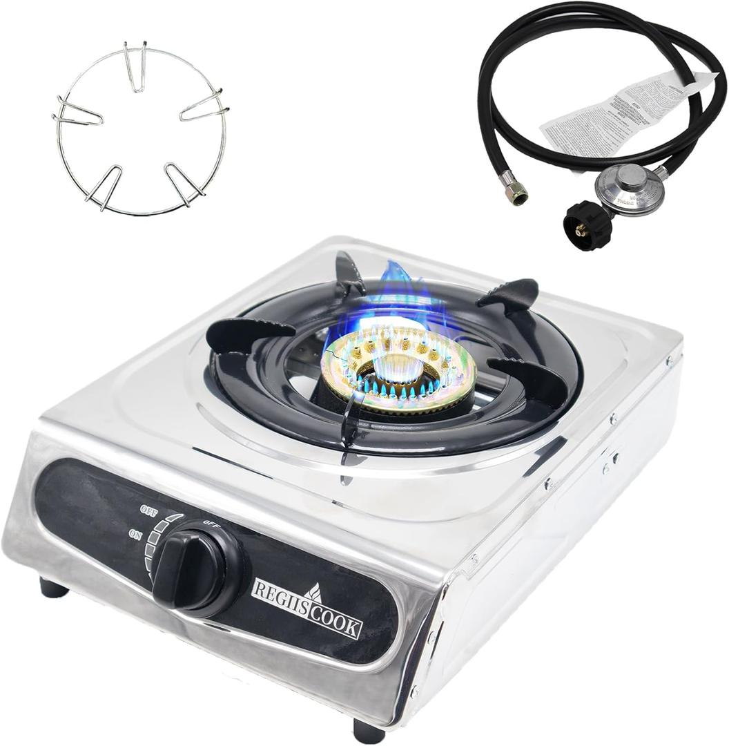 1Burner Propane Gas Cooktop,Camping Portable LPG Gas Stove, Auto Ignition Stainless Steel Countertop with regulator burner grate
