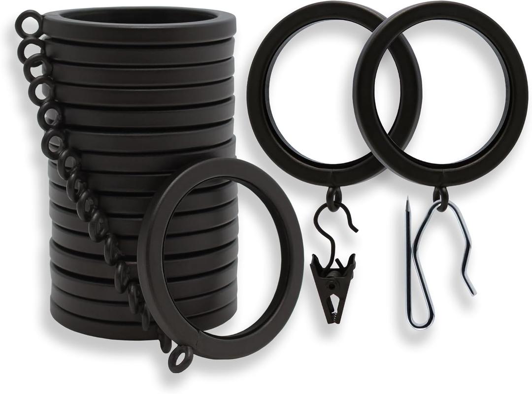 BlastHome Luxury Curtain Rings  Premium Metal with Quiet, Smooth Nylon Inserts  Pinhooks and Clips Included  1 1/2" Inside Diameter  18 Rings for Two Standard Curtains  Brushed Dark Brown