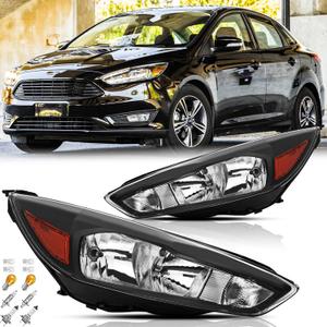 Headlights Assembly Pair with Bulbs for 2015 2016 2017 2018 Ford Focus S/SE/ST Halogen Headlamps Head Lights Replacement Driver and Passenger Side (LH RH),Black Housing Amber Reflector