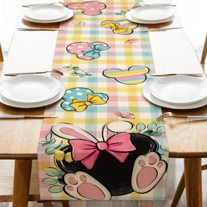Easter Table Runner, Bunny Ears Colorful Plaid Check Farmhouse Kitchen Dining Table Decoration, Spring Eucalyptus Leaves Burlap Indoor Outdoor Home Decor Party Supply 13x72 Inches