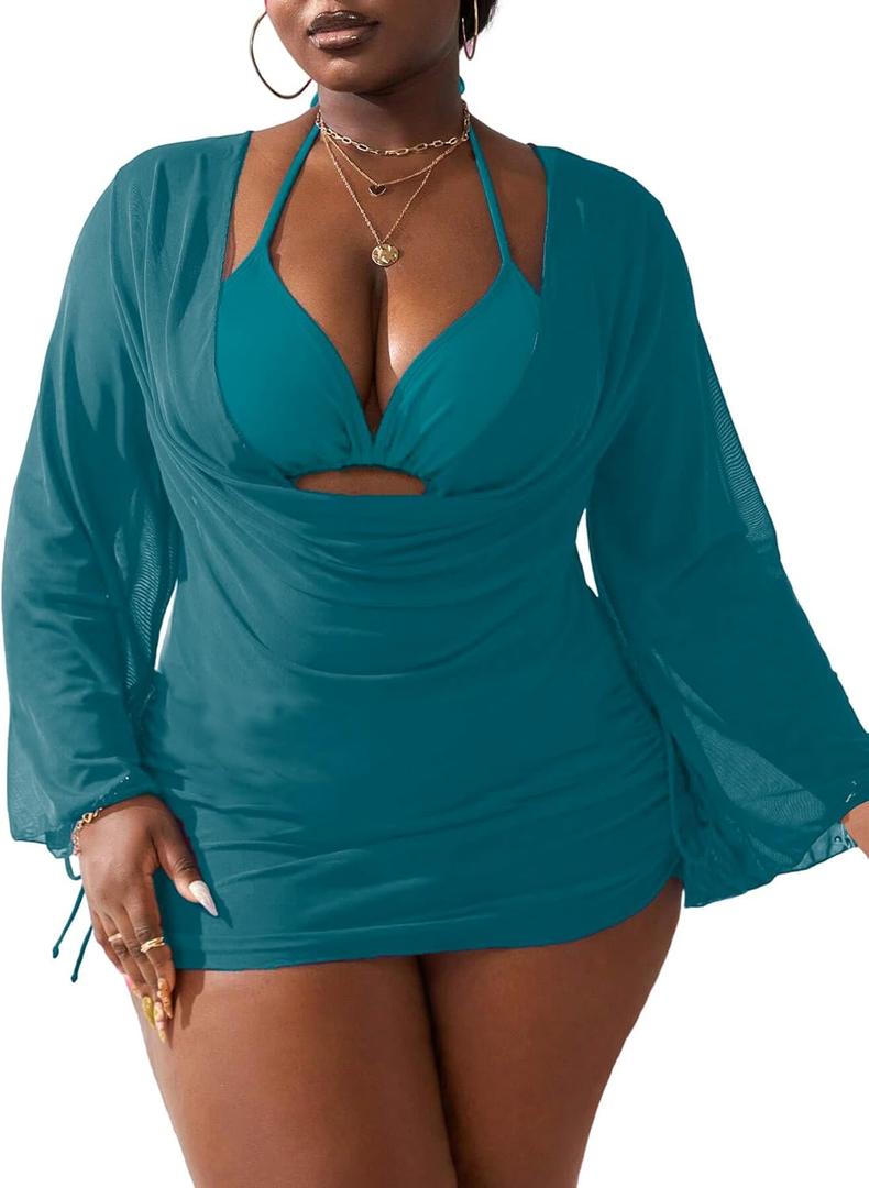 WODECASA Women's Plus Size 3 Piece Swimsuits Halter Triangle Bikini Set with Drawstring Semi Sheer Cover Up Bathing Suit 3XL
