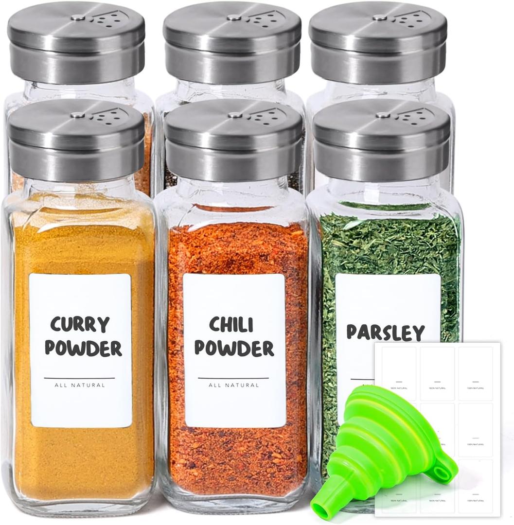 ComSaf Spice Jars with Shaker lids Adjustable, 8oz 6PCS9 DIY Labels, Spice Jars Trial Set & Supplement Set, Empty Ingredient Containers and Square Ingredient Bottles for Kitchen and Seasoning