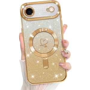 Bonoma Compatible with iPhone Air Case 2025 Support for MagSafe, Plating Heart Glitter Magnetic Case TPU Camera Protection Back Cover for Phone Case -Gold