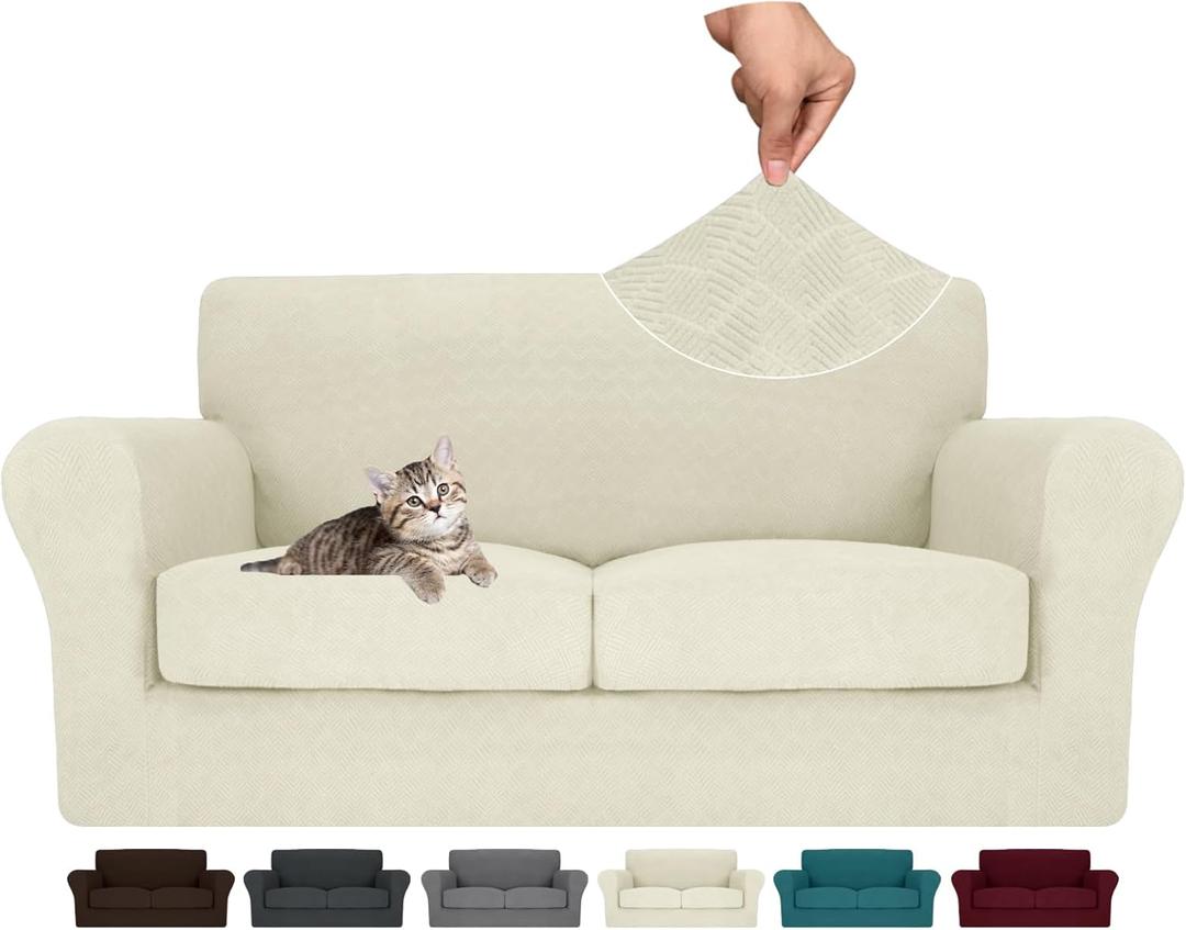 6 Piece Couch Covers for 2 Cushion Couch loveseat Cover, Stretch Love Seat Sofa Slipcovers for Dogs Pet, Thick Furniture Protector with 2 Seat Cushion (55"-69", Beige)