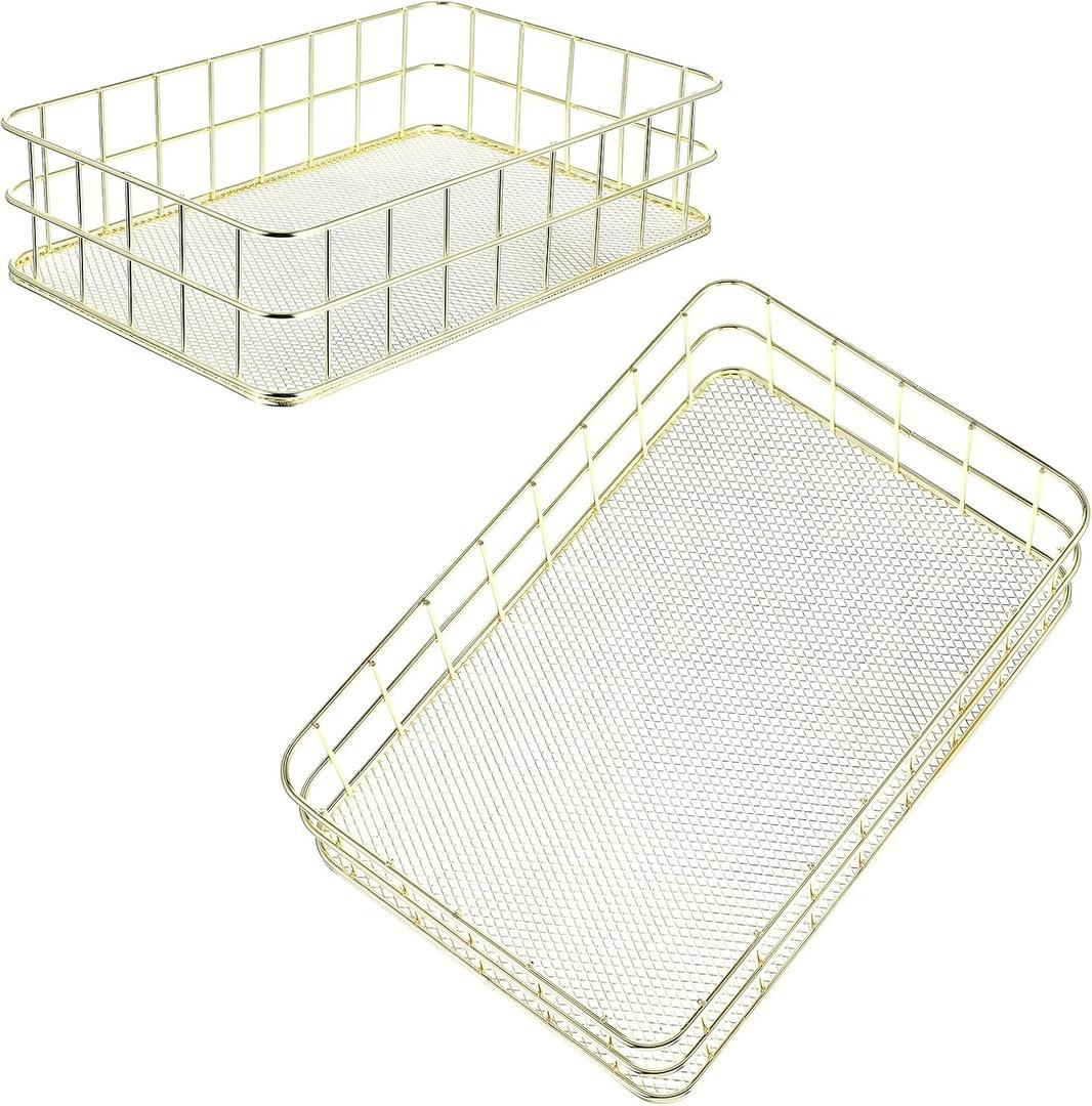 2 Pcs Gold Wire Baskets for Organizing - Small Gold Storage Basket & Decor Metal Basket, 9.6x6.5x2.7in Farmhouse Iron Desktop Organizer for Bathroom/Office/Home