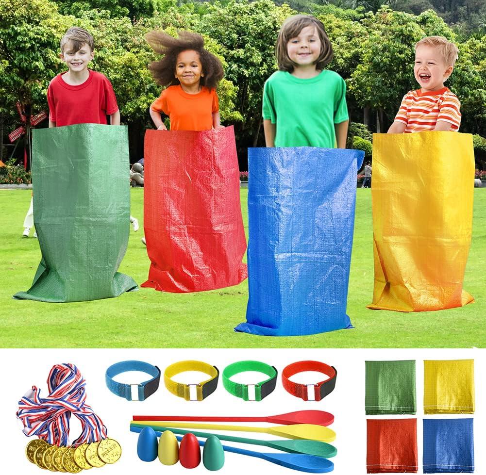 Abnaok 20PCS Outdoor Games Potato Sack Race Bag, 3-Legged Race Bands, with Egg and Spoon Race Lawn Games for Outside Backyard Field Day Birthday Party Games for Kids and Adults.