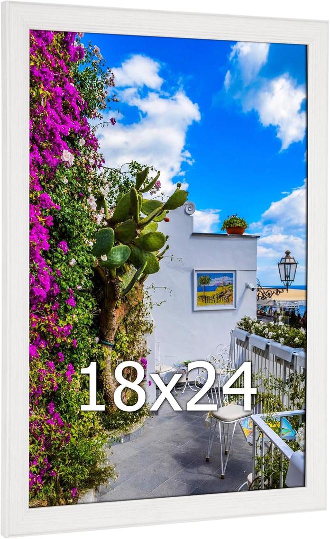 18x24 Wood Frame White, Natural Woodgrain 24x18in Picture Frame, Rustic Wooden 18 x 24 inch Gallery Wall Photo Poster Frame with HD Plexiglass, Horizontal Vertical Wall Mounting Display 1pcs