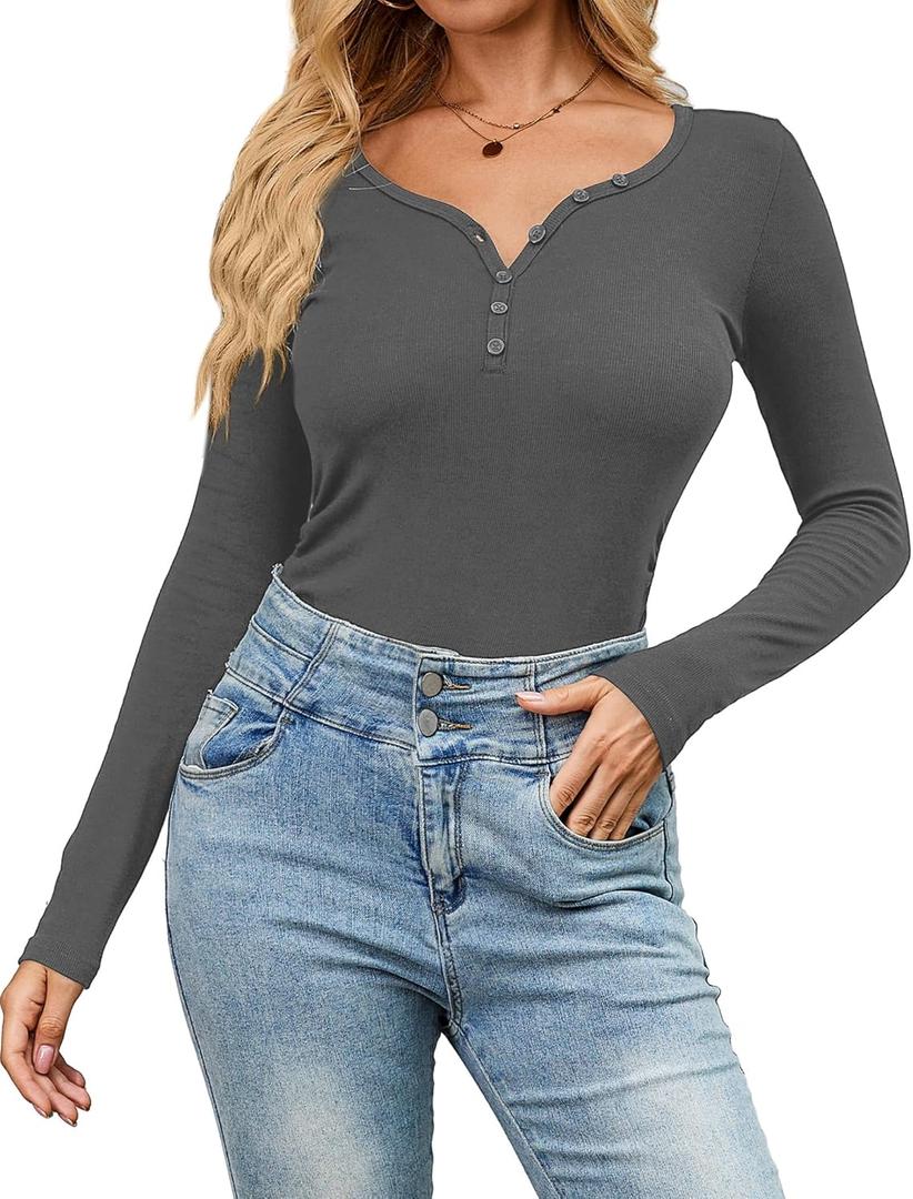 Amoretu Women's Henley Long Sleeve V Neck Shirts Slim Fitted Side Ruched Button Tops (Gray, S)