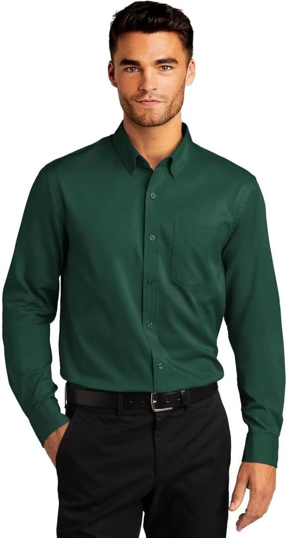 Wangyue Men's Long Sleeve Dress Shirts Casual Button Down Shirts Slim Fit Formal Dress Shirts with Pockets (XX-Large, Dark Green)