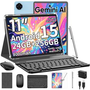 2026 Android 15 Tablet, 11 inch Tablet with Keyboard, 24GB+256GB+2TB Expand, Octa-Core, 8000mAh, Gemini AI Tablets PC with 5G/2.4G WiFi, BT5.0, GPS, 2 in 1 Tablets with Case, Mouse, Stylus(Silver)