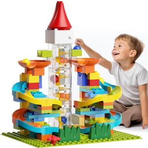 Electric Marble Run with Automatic Elevator Lift - STEM Building Toy for Kids Ages 4-8, 102 PCS Construction Set with 10 Marbles & Transparent Track, Compatible with Standard Building Blocks