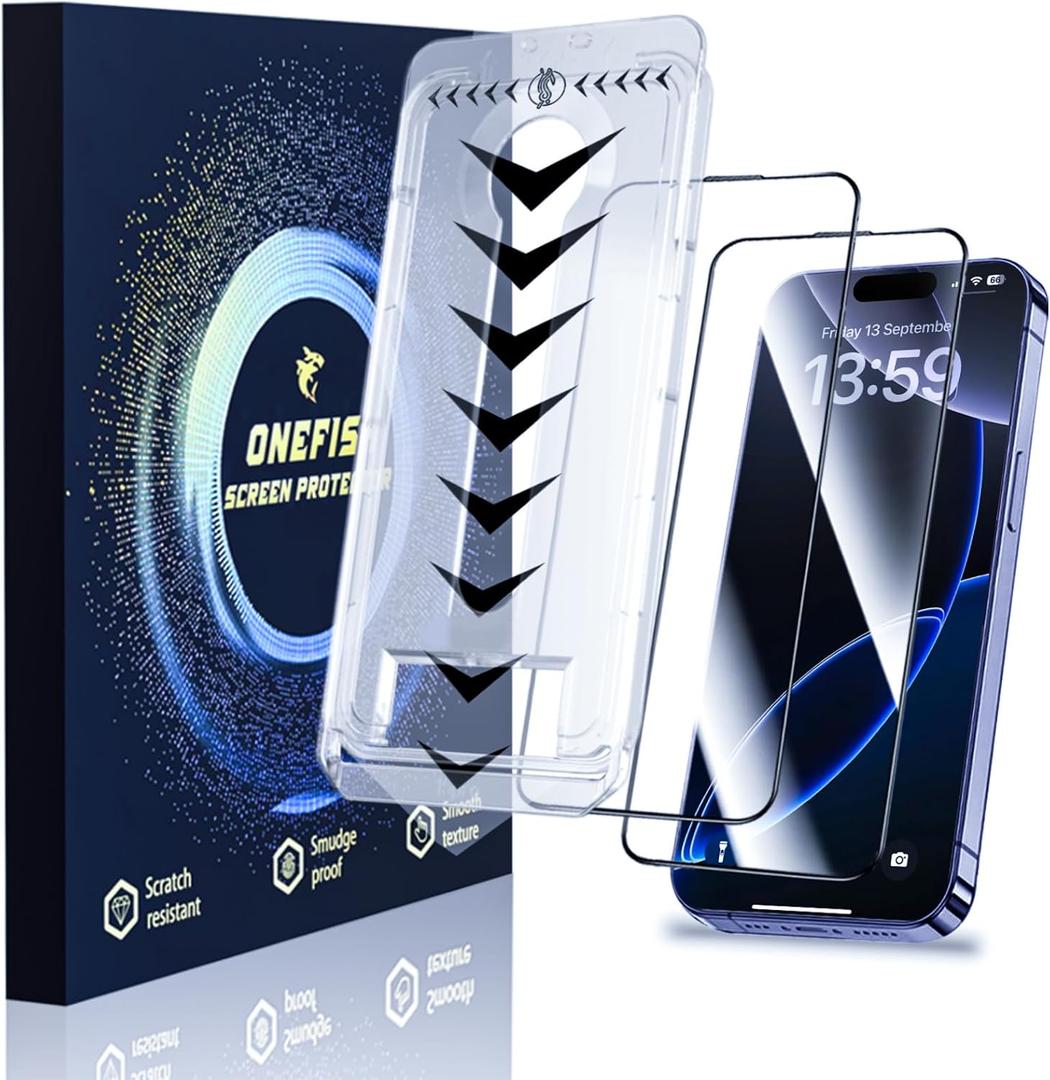 OneFish for iPhone 14 Pro 6.1 inch Tempered Glass Screen Protector 2 Pack Auto Dust-Elimination Easy Installation HD Clear Screen Protector