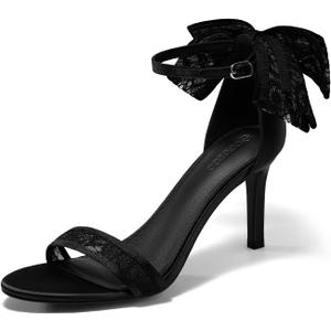 Coutgo Womens High Heels Sandals Lace Bow Tie Back Open Toe Ankle Strap Sexy Stiletto Wedding Party Dress Shoes (7, Black)